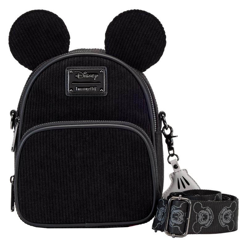 Image of our Loungefly Disney100 Mickey Mouse Classic Corduroy Convertible Mini Backpack & Crossbody Bag against a white background 